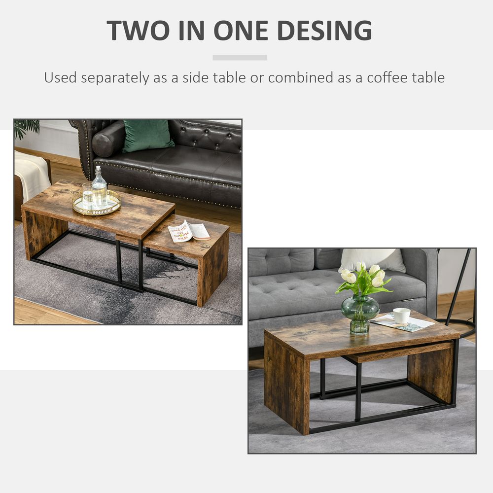 HOMCOM Coffee Tables Nesting Table Set of 2 Side Table w/Metal Frame for Living Room Bedroom Black & Brown