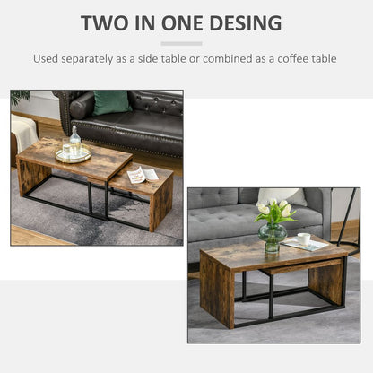 HOMCOM Coffee Tables Nesting Table Set of 2 Side Table w/Metal Frame for Living Room Bedroom Black & Brown