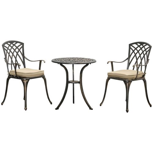 3Pc Cast Aluminium Garden Bistro Set for 2 Parasol Hole, Cushions Bronze