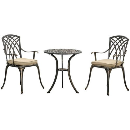 3Pc Cast Aluminium Garden Bistro Set for 2 Parasol Hole, Cushions Bronze