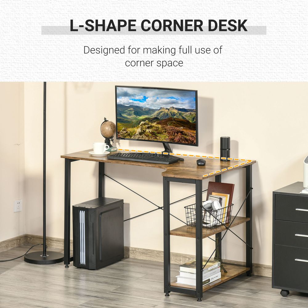 HOMCOM L Shaped Desk, Corner Computer Desk with Bookshelf for Home Office, Study Room, Workstation, 120 x 73.2 x 75cm, Rustic Brown
