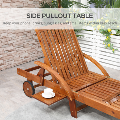 Garden Wood Sun Bed Lounger Chaise Recliner Adjustable Back Footrest w/ Wheels