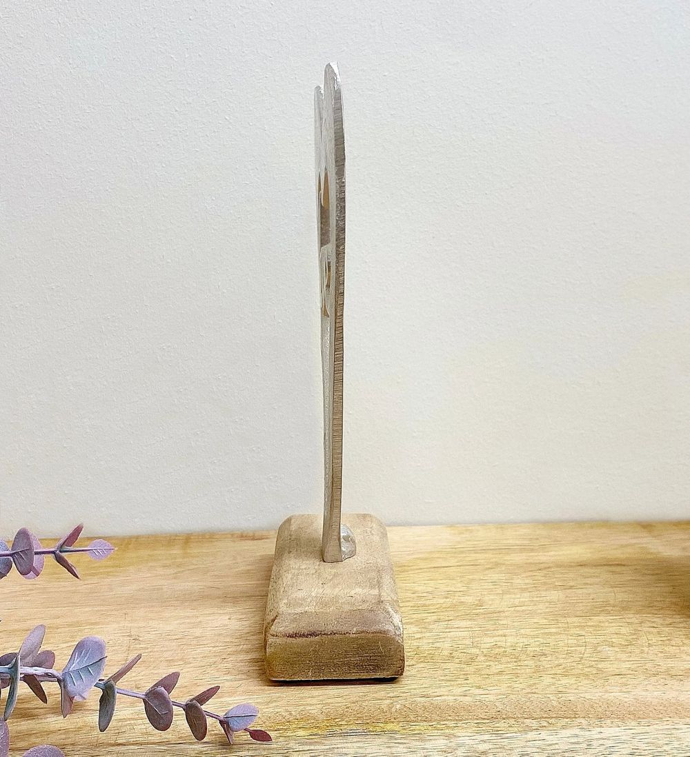 Silver Heart Love on Wooden Base - Small, Versatile Piece with D5 x H21 x W13.7cm Measurements