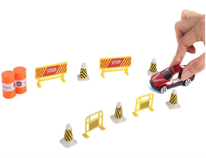 Soka Car Transporter Carrier Truck Toy - Play Vehicle Set of 1 Big Truck Carrier, 6 Colourful Metal Cars, 5 Cones, 2 Barrels and 4 Stop Signs