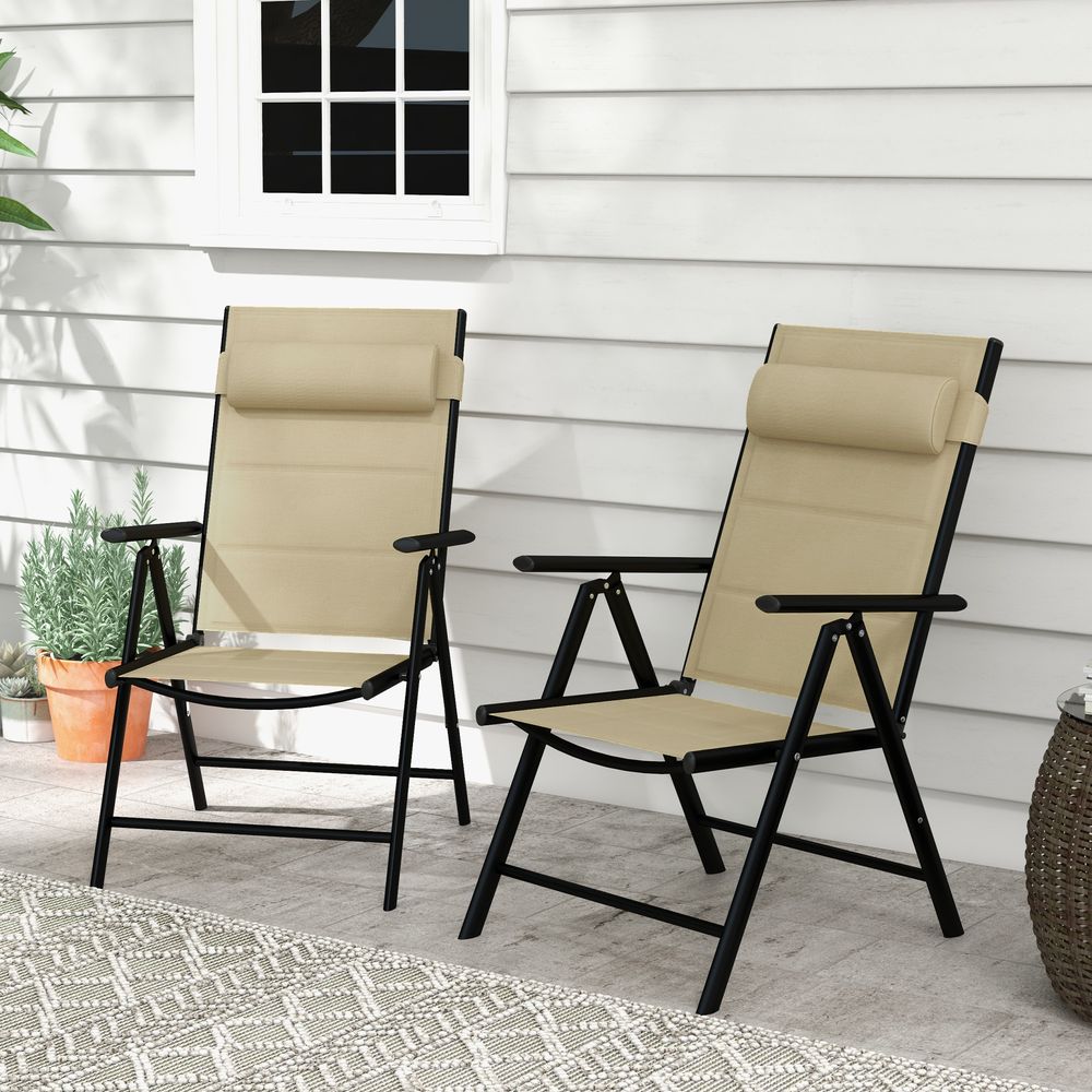 Outsunny Outdoor Folding Chairs - 2PCS, Padded, Lightweight, Khaki