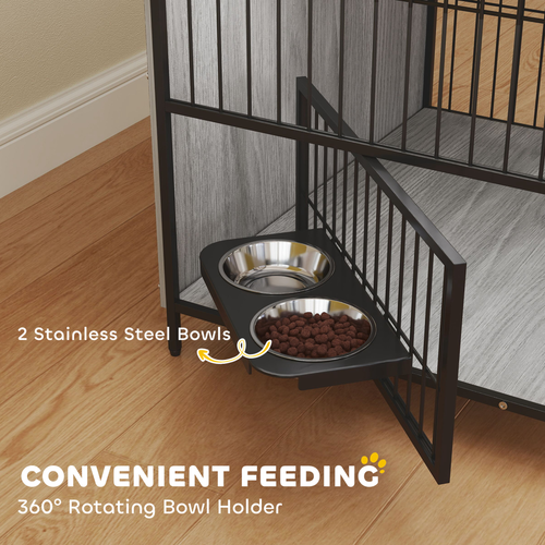 PawHut Dog Crate Furniture with Rotating Bowl Holder for Medium Dogs, Grey