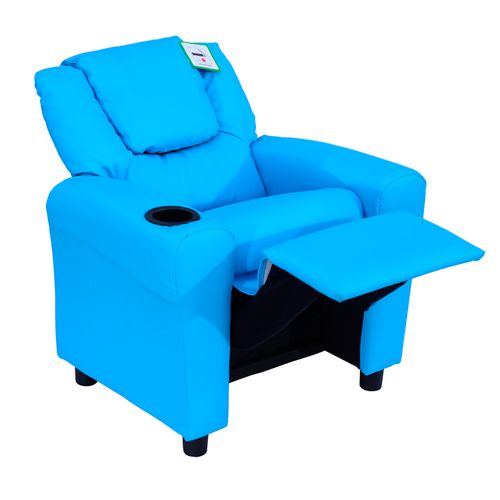 HOMCOM Kids Recliner, PU Leather Kids Armchair, Kids Chair, Toddler Armchair with Adjustable Backrest, Footrest, Padded Headrest, Cup Holder, Blue