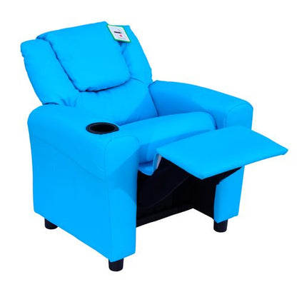 HOMCOM Kids Recliner, PU Leather Kids Armchair, Kids Chair, Toddler Armchair with Adjustable Backrest, Footrest, Padded Headrest, Cup Holder, Blue
