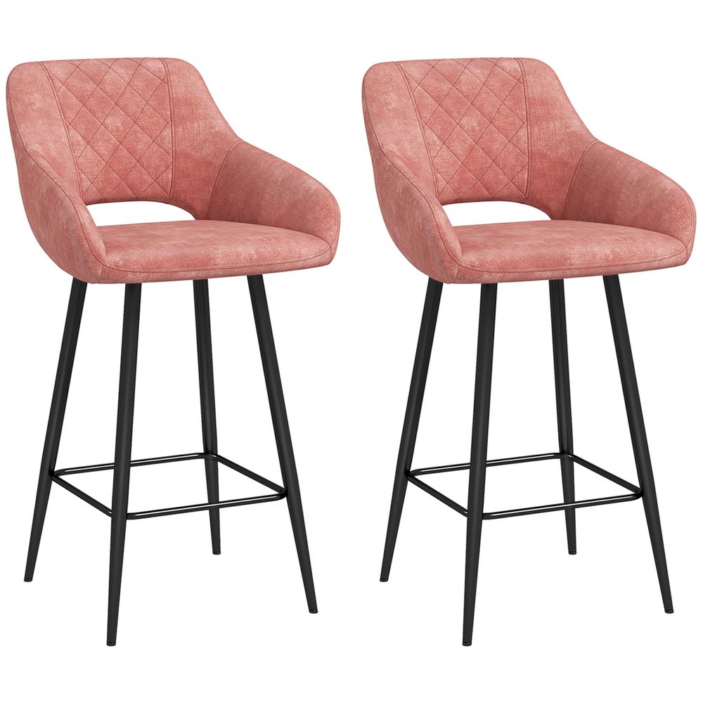 HOMCOM Bar Stools Set of 2, Velvet-Touch Fabric Counter Height Bar Chairs Pink