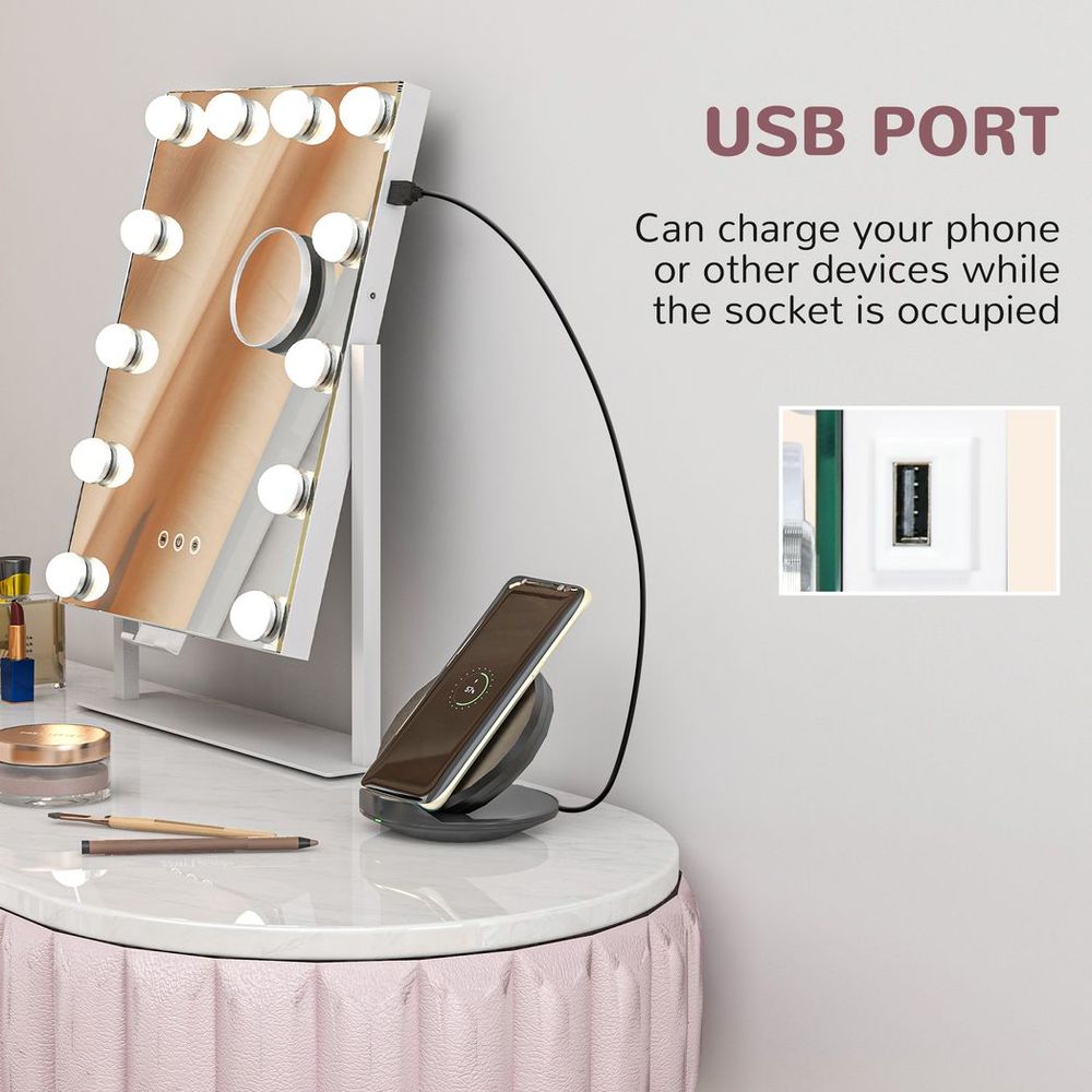 HOMCOM Hollywood Lighted Makeup Mirror with Magnifier, USB Port, Phone Holder