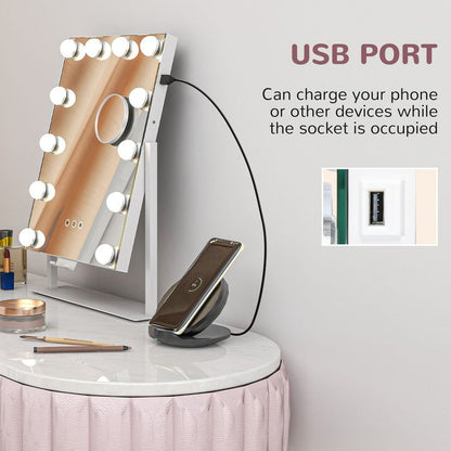 HOMCOM Hollywood Lighted Makeup Mirror with Magnifier, USB Port, Phone Holder
