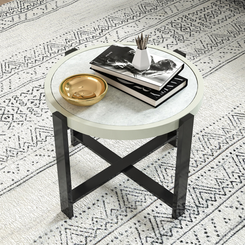 Outsunny Round Small Garden Table with Faux Marble Glass Top, Light Grey