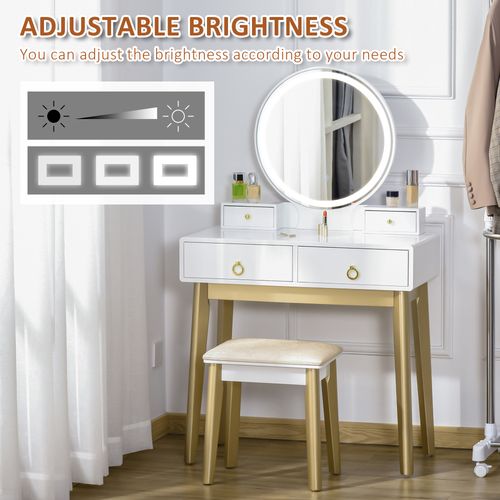 Dressing Table Set With LED Mirror, Stool & 4 Drawers Makeup Desk White
