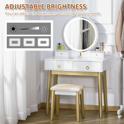 Dressing Table Set With LED Mirror, Stool & 4 Drawers Makeup Desk White