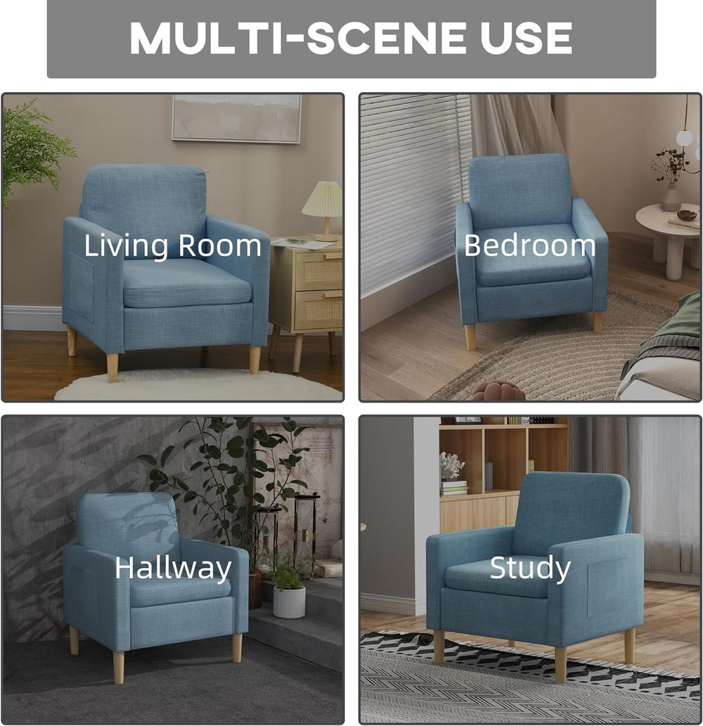 HOMCOM Modern Armchair Upholstered Accent Chair for Bedroom Home Office  Blue