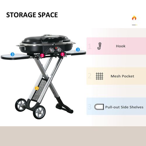 Foldable 2 Burner Gas BBQ Grill Trolley w/ Side Shelves Storage Pocket