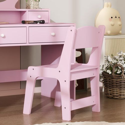 AIYAPLAY Kids Dressing Table Set w/ Stool, Mirror, Drawers - Pink