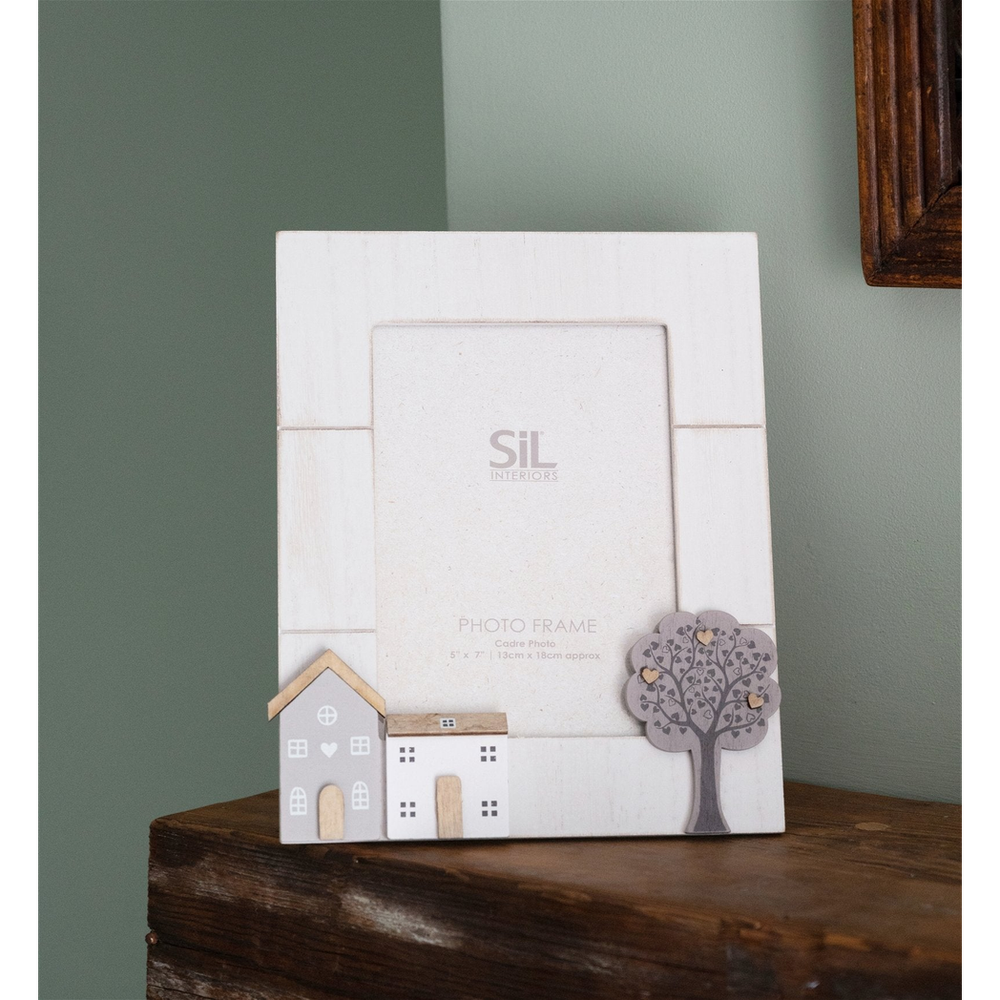 Hand Carved Wooden Houses Photo Frame 5x7 - Perfect Gift for New Homeowners - Enhance Any Room - Natural Colors - SKU: OR1691