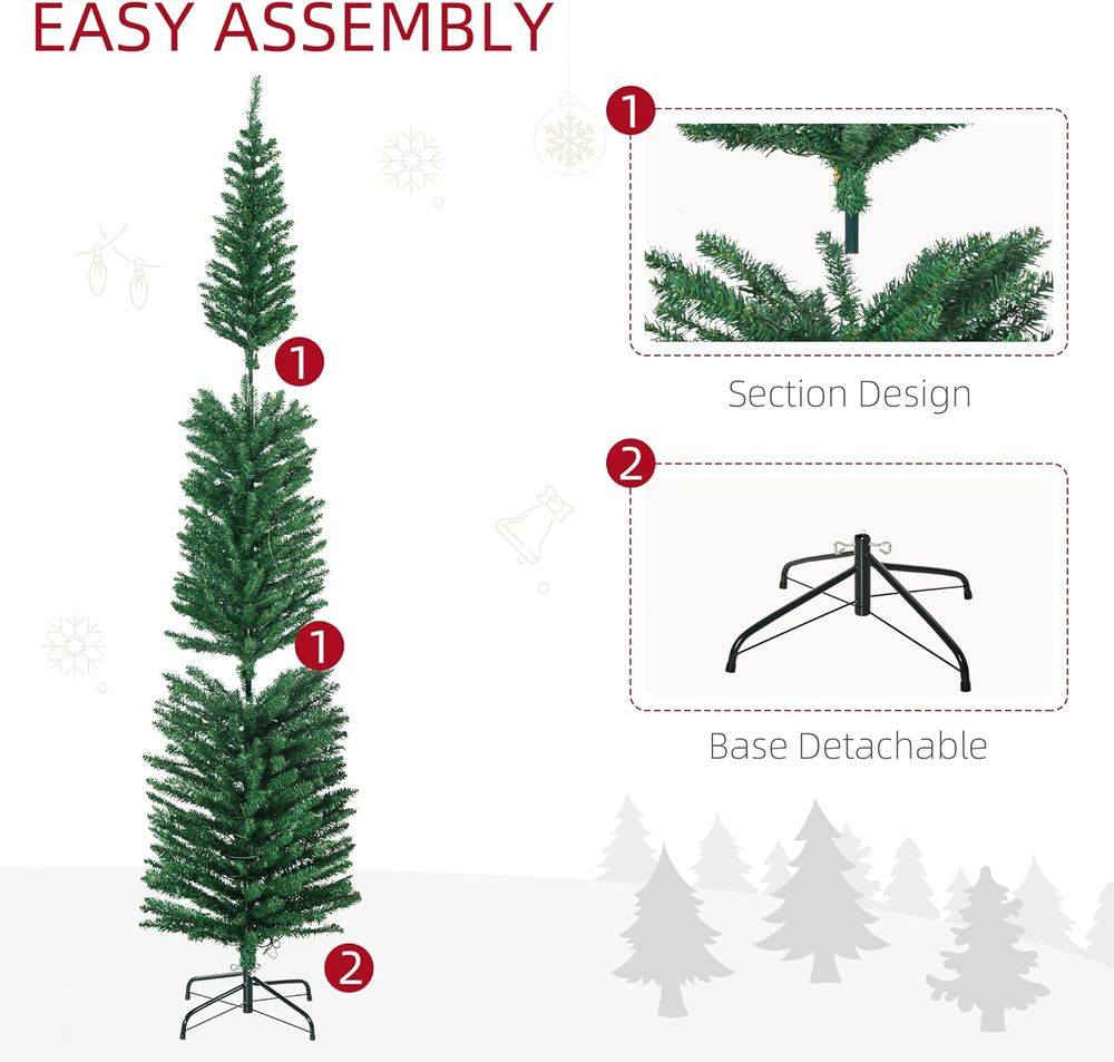 Homcom 7.5ft Artificial Pencil Christmas Tree with Colourful Lights, Steel Base