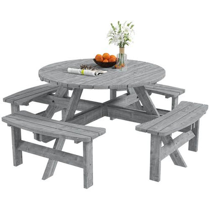 Outsunny 8 Seat Outdoor Wooden Picnic Table with Bench, Parasol Hole, Grey