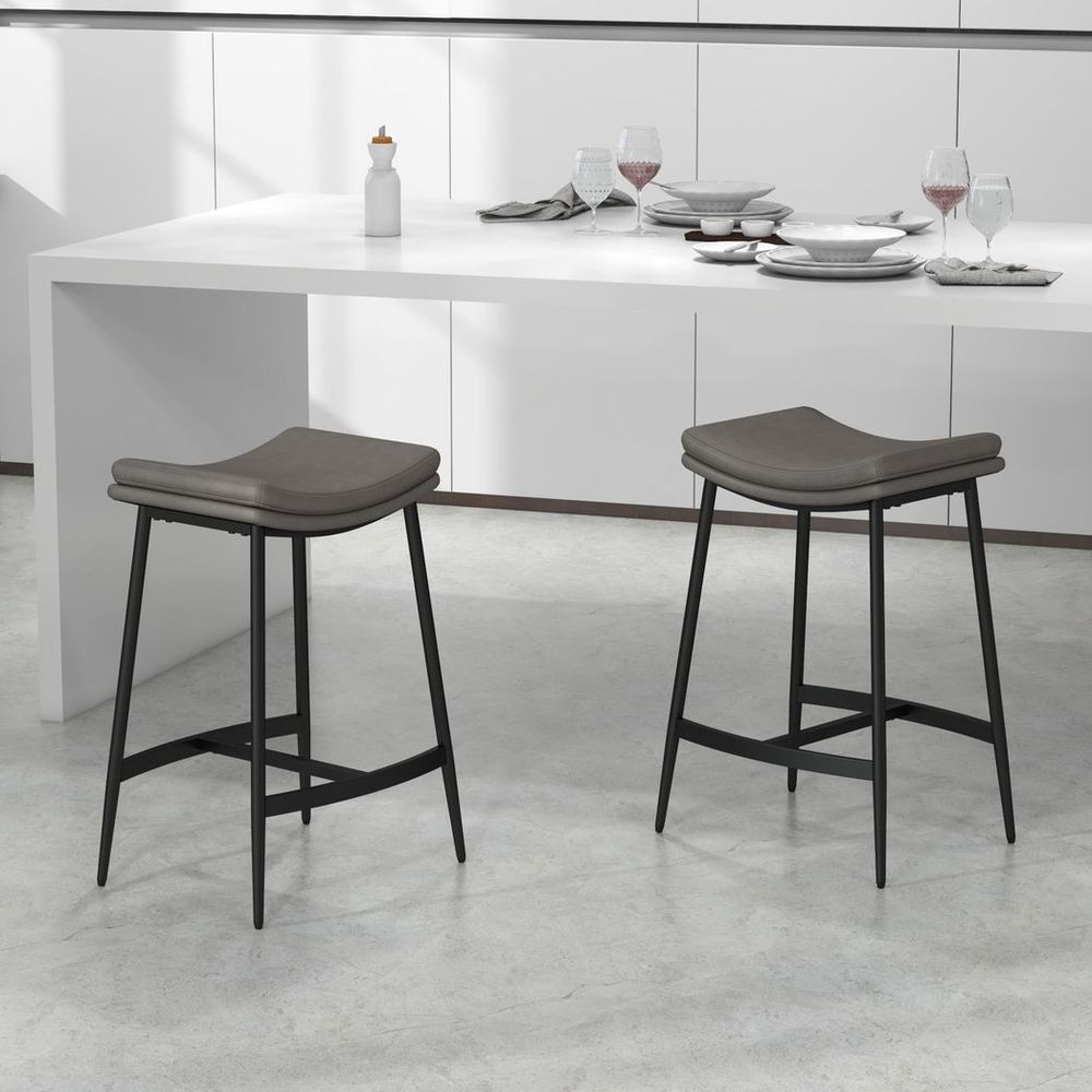 HOMCOM Upholstered Bar Stools Set of 2 - Curved Seat - Grey