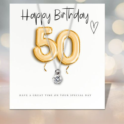 Small 50th Birthday Gold Balloons Gift Hamper - Cubic Zirconia Charm Necklace, Chocolates & Candle