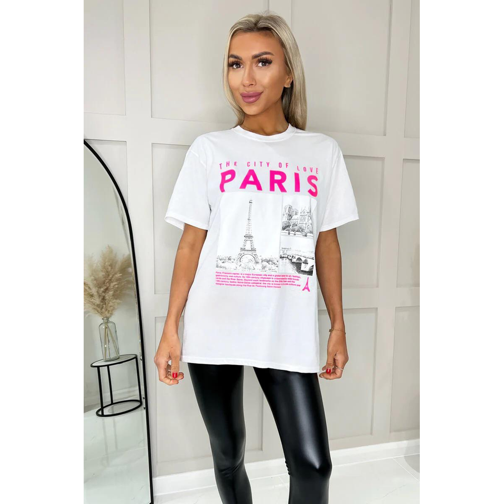 Ladies Oversized Paris Slogan Short Sleeves T Shirt Top