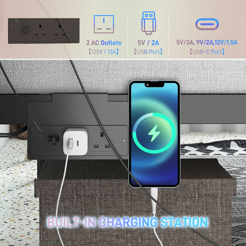 HOMCOM King Bed Frame with LED Lights and Charging Station, Black