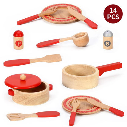 Child's Wooden Cooking Set - Master Chef Quality - Includes Saucepan, Frying Pan, Utensils - Enhance Imagination & Skills