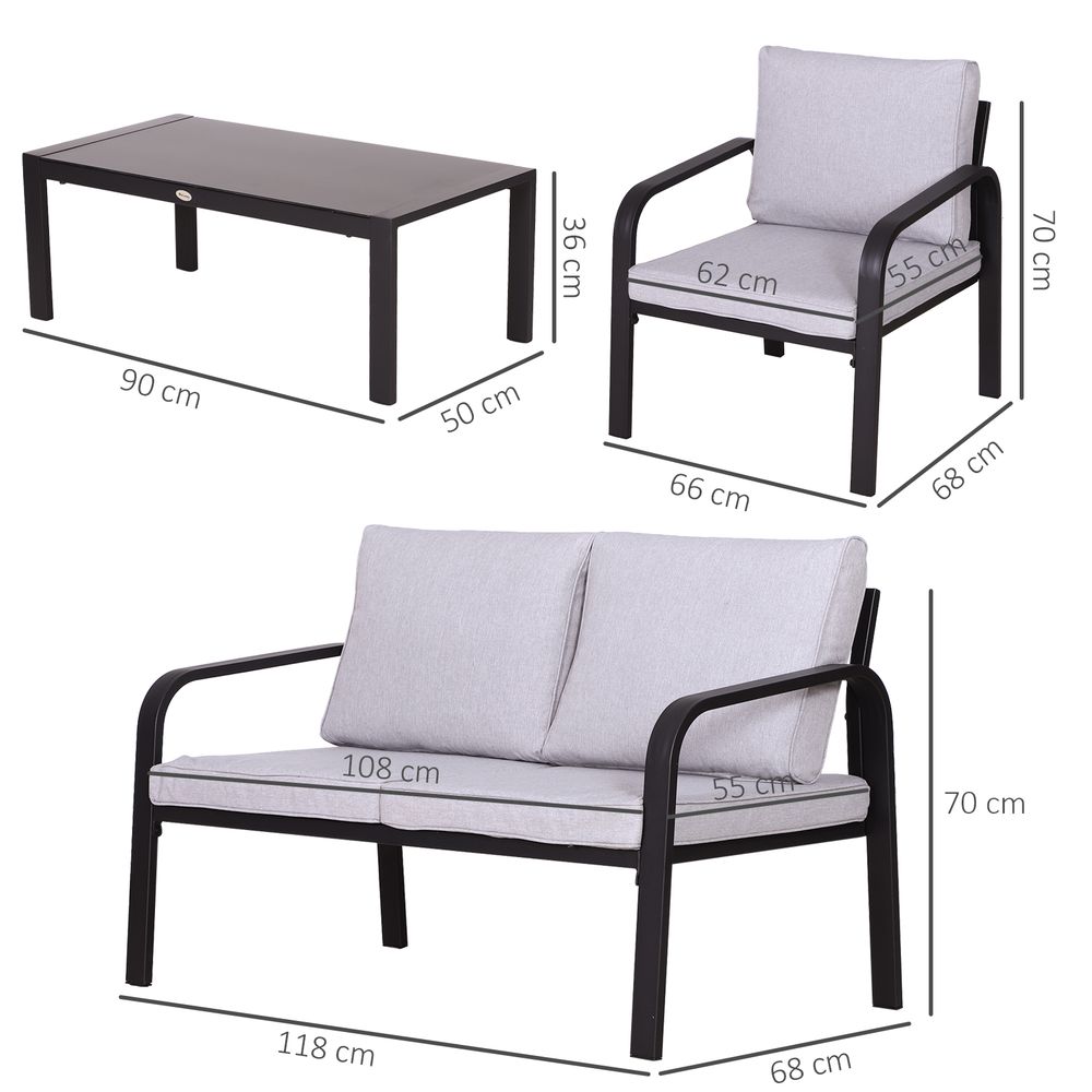 Outdoor Patio Dining Set - 4 Pcs, 2 Chairs, Sofa, Glass Top Table, Foam Cushions - Grey/Black