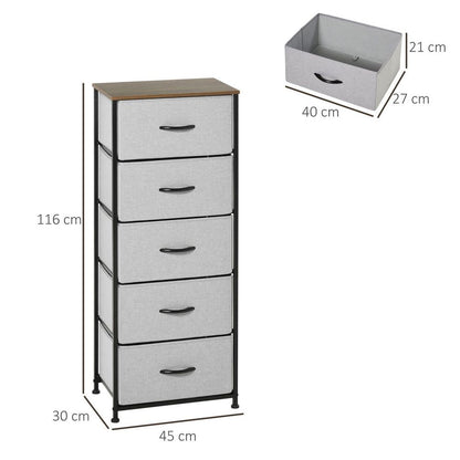 HOMCOM 5 Drawer Fabric Chest - Wooden Top - Grey