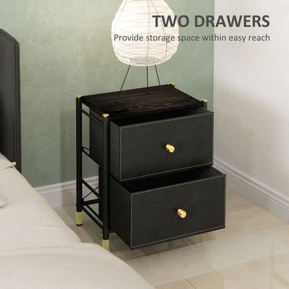HOMCOM PU Leather Bedside Table with 2 Drawers and Steel Legs, Black