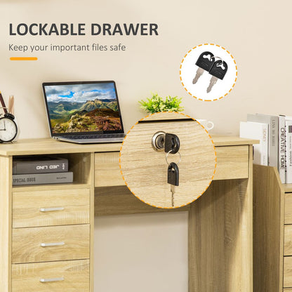 HOMCOM Computer Desk, Home Office Desk with Lockable Drawer, Storage Shelf for Study Bedroom, 110 x 50 x 76 cm, Oak