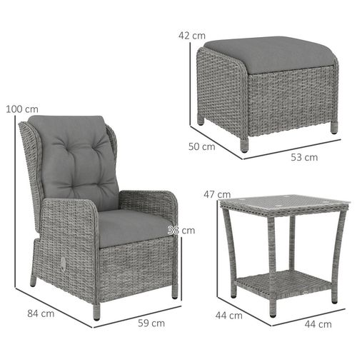 Outsunny Recliner Rattan Garden Furniture w/ Two-tier Table, Light Grey