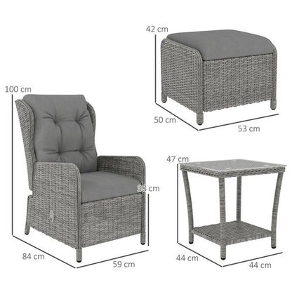 Outsunny Recliner Rattan Garden Furniture w/ Two-tier Table, Light Grey