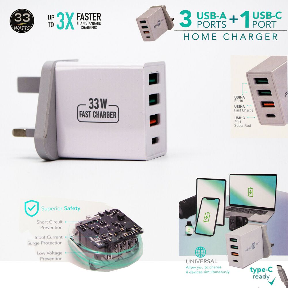 4 Port USB Type C Hub Wall Charger - Fast PD Quick Charge QC 3.0 Adapter, 33W