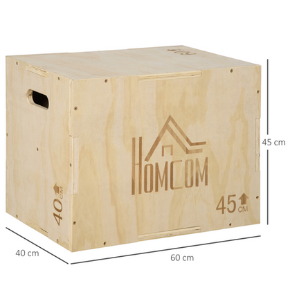 HOMCOM 3-in-1 Wooden Plyo Box for Home Gym, Workout Training, Natural