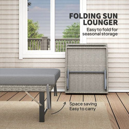 Outsunny Folding Rattan Sun Lounger with Adjustable Back, Cushion, Grey