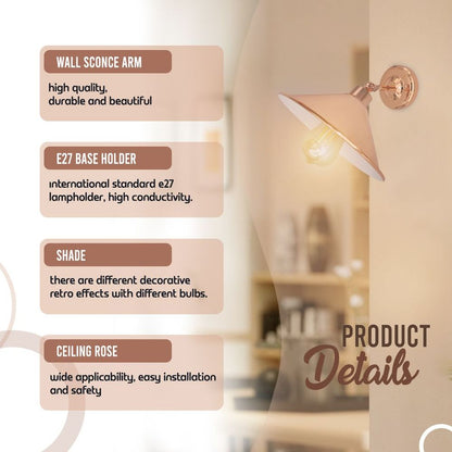 Vintage Industrial Rose Gold Retro Wall Light - Sturdy Metal Lamp Shade - Classic Style - E27"
Description: "Add a touch of vintage elegance to any space with this sturdy metal wall light. Perfect for living rooms, bedrooms, and more!