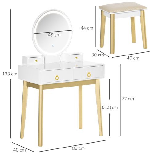 Dressing Table Set With LED Mirror, Stool & 4 Drawers Makeup Desk White