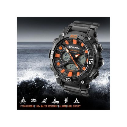 Sekonda Mens Sports Duel time Black Dial & Rubber Strap Watch-1037