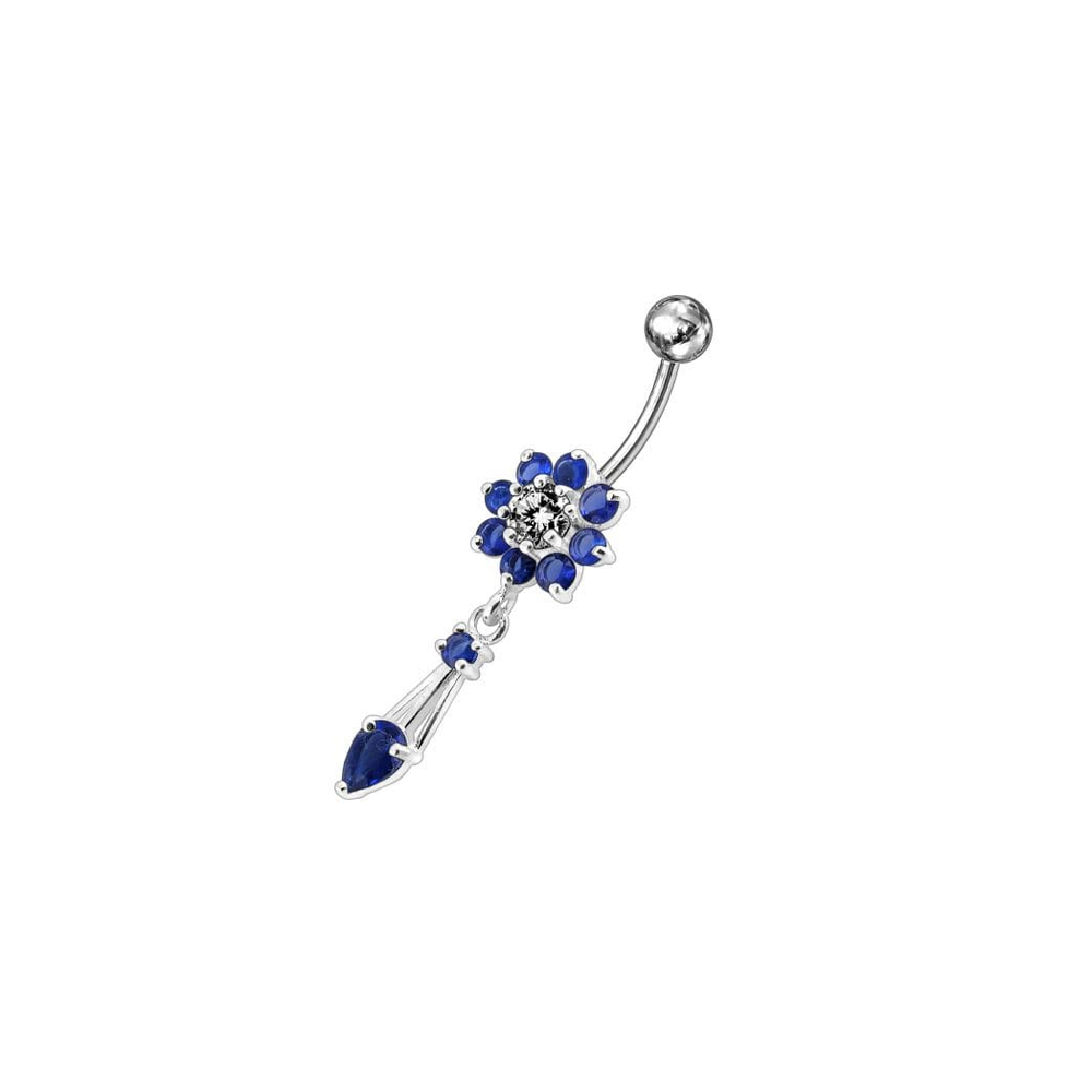 Jeweled Fancy Flower Dangling SS Banana Bar Navel Ring