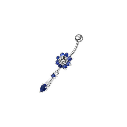 Jeweled Fancy Flower Dangling SS Banana Bar Navel Ring