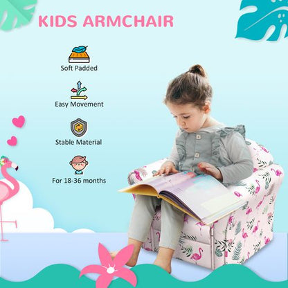 AIYAPLAY Kids Sofa Chair, Toddler Armchair with Flamingo Design, Wooden Frame, Upholstered Toddler Chair for Bedroom, Playroom, Kids Room, Pink