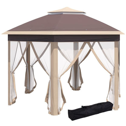 Outsunny 3x4m Hexagon Gazebo w/ Metal Frame, Mesh Curtains - Khaki