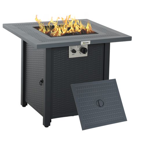 Outsunny Outdoor Propane Fire Pit Table w/ Lid and Lava Rocks Dark Grey