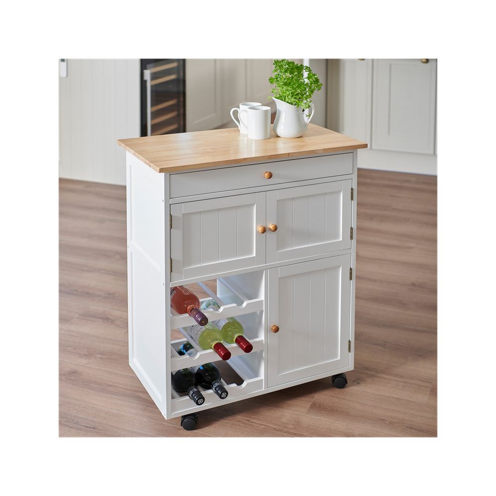 Kitchen Cart - White, Compact Storage for Appliances, Utensils, Crockery, 9-Bottle Wine Rack, Easy Assembly, Casters