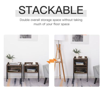 HOMCOM Set Of 2 Industrial Side Tables Stacking Duo w/ Compartment Steel Frame