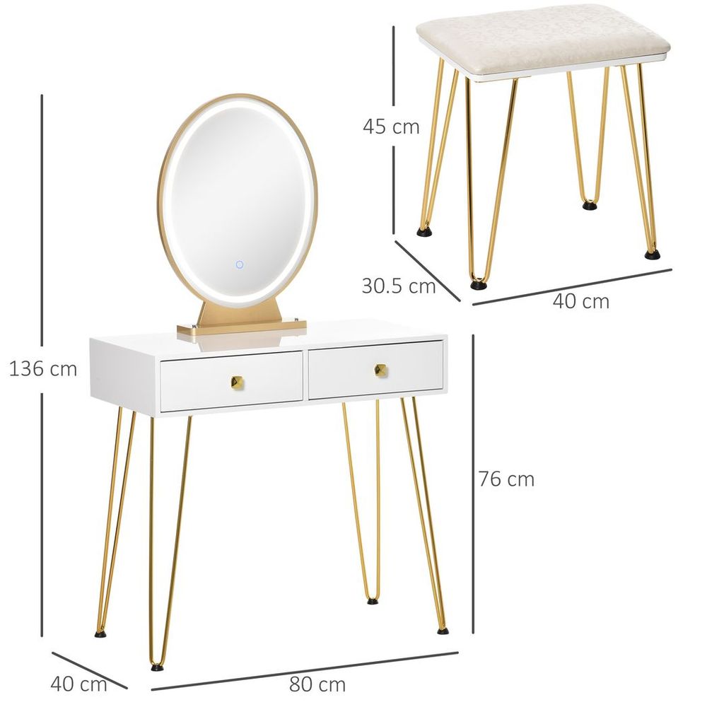Dressing Table Set With LED Mirror & Stool 2 Drawers Makeup Desk