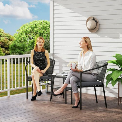 Outsunny 3 PCS Rattan Bistro Set with Cushions Glass Top Coffee Table and Chairs